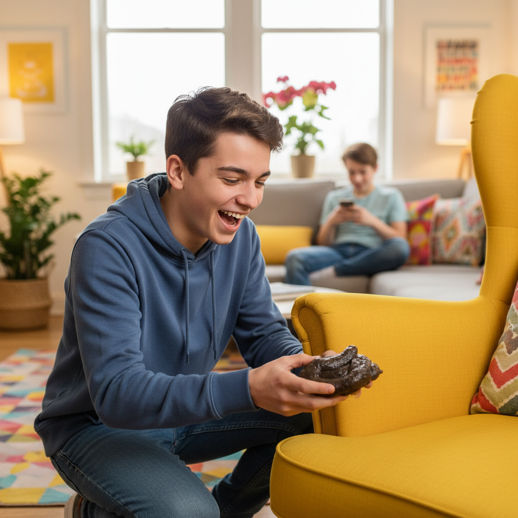 Teenage boy laughing holding fake sticky poo joke toy ready to prank friend