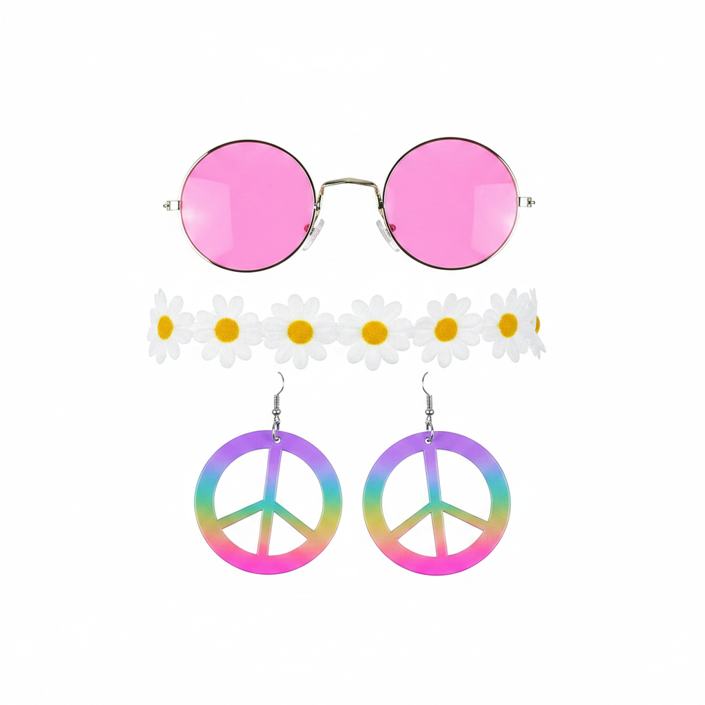 Adult hippie fancy dress 3-piece set — hot pink round sunglasses, white daisy flower crown and rainbow peace sign earrings on white background