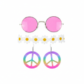 Adult hippie fancy dress 3-piece set — hot pink round sunglasses, white daisy flower crown and rainbow peace sign earrings on white background