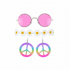 Adult hippie fancy dress 3-piece set — hot pink round sunglasses, white daisy flower crown and rainbow peace sign earrings on white background