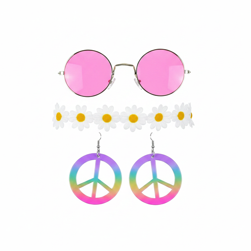 Adult hippie fancy dress 3-piece set — hot pink round sunglasses, white daisy flower crown and rainbow peace sign earrings on white background