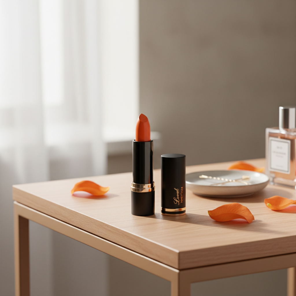 Laval Orange Lipstick Honey Bun 34 matte black tube on stylish vanity dressing table