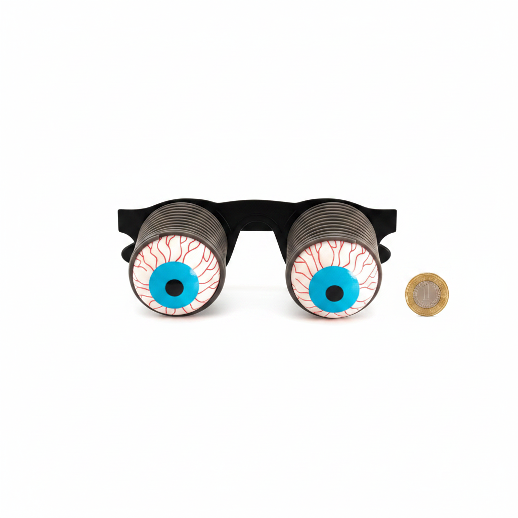 Joke pop-out eye glasses laid flat beside a £1 coin on white background to show size — black frames with grey spring coils and bulging eyeballs
