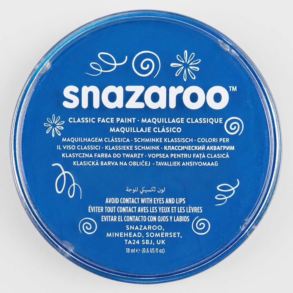 Close-up of the blue Snazaroo Classic face paint pot and printed lid