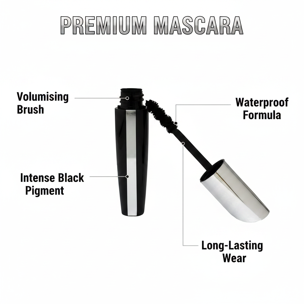Lilyz Waterproof Volume Mascara Black feature callout infographic showing waterproof formula, volumising brush, intense black pigment and long-lasting wear