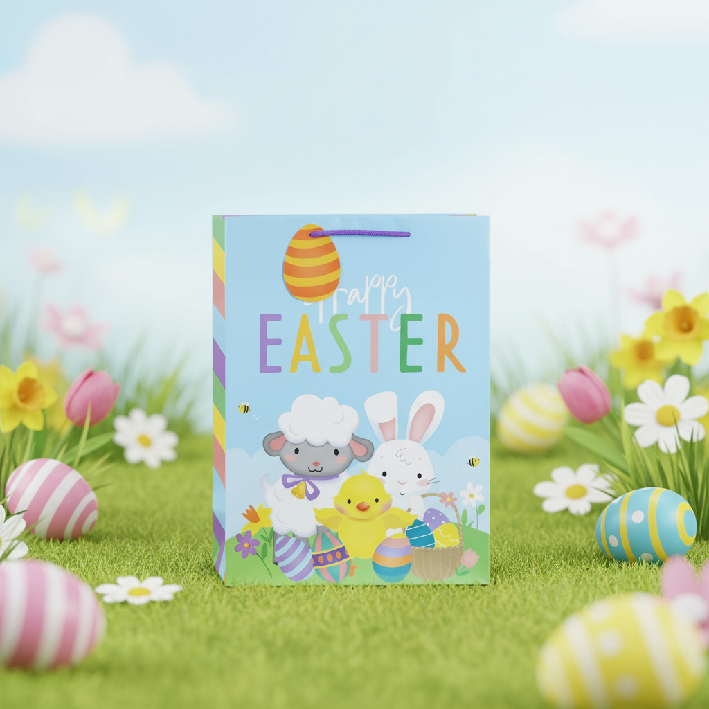 Easter Bunny X-Large Multi-Coloured Gift Bag 18x13 inch product shot on spring Easter background