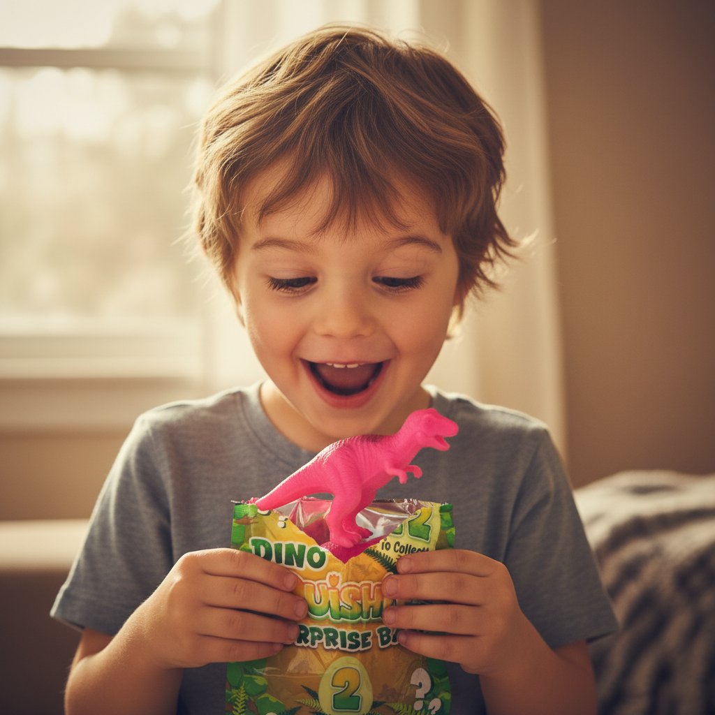 Child opening Dino Squishies Surprise Bag with colourful squishy dinosaur tumbling into hands — golden hour light, pure childhood joy