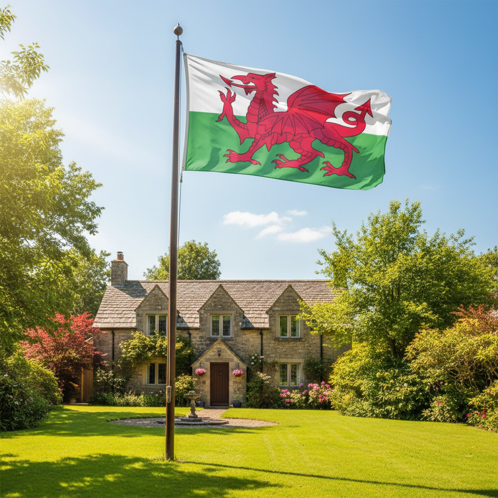 Welsh Dragon flag flying proudly on flagpole in garden setting