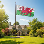 Welsh Dragon flag flying proudly on flagpole in garden setting