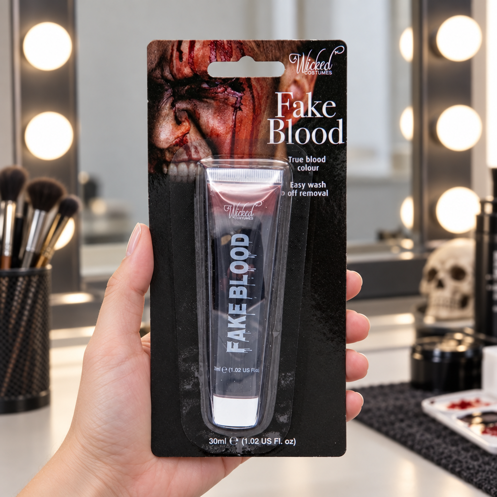 Hand holding a packaged Wicked Costumes fake blood tube in front of a makeup mirror