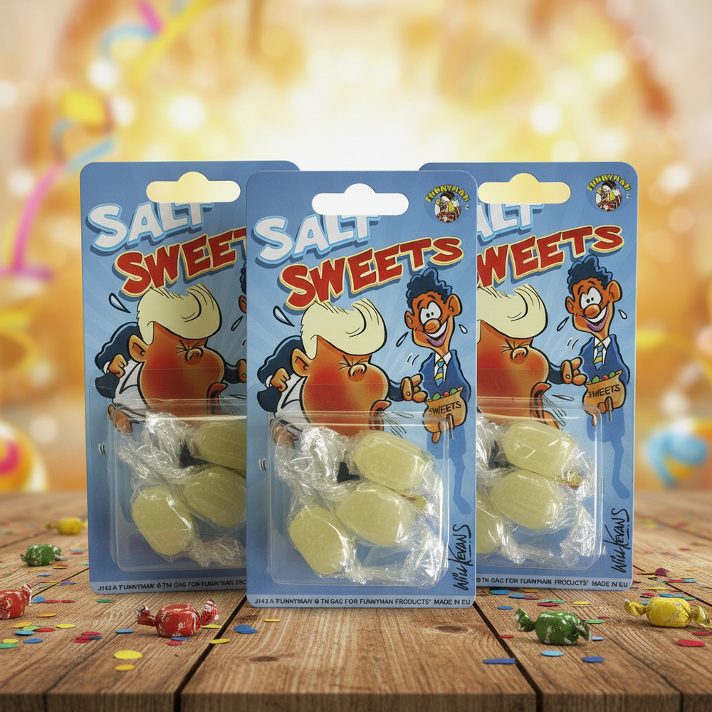 Joke Salt Sweets Pack of 3 displayed on a rustic wooden table with colourful confetti — novelty prank candy gift