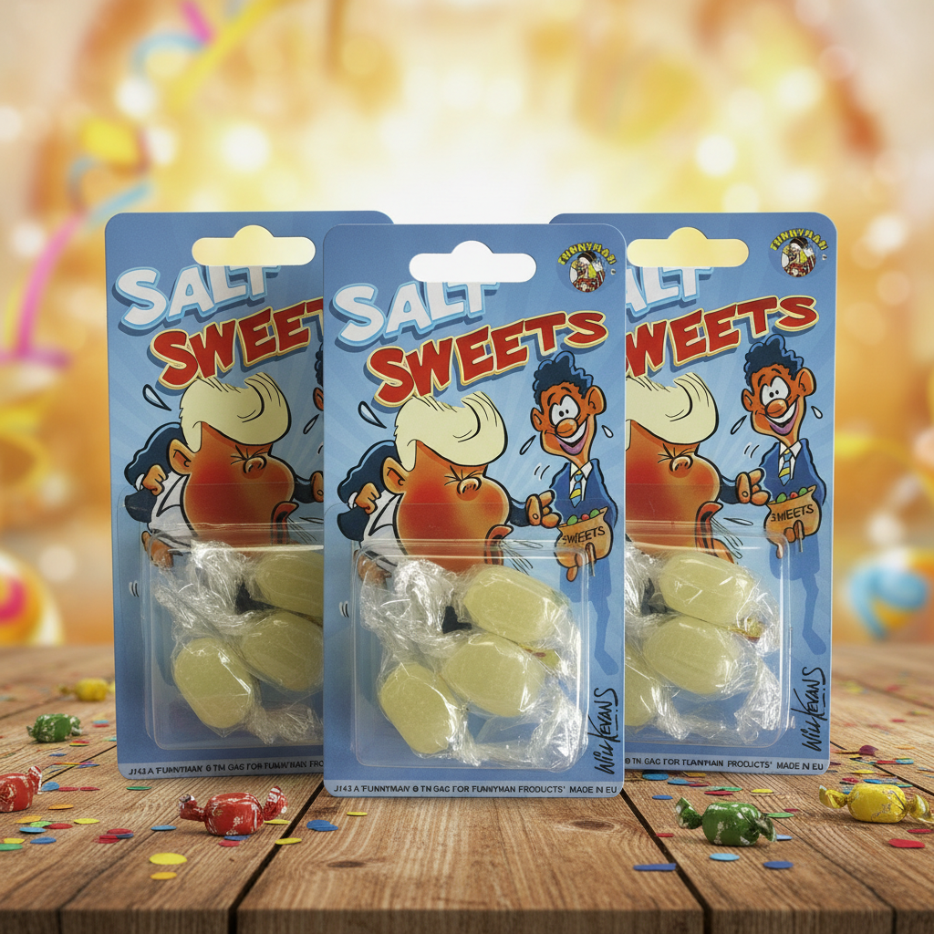 Joke Salt Sweets Pack of 3 displayed on a rustic wooden table with colourful confetti — novelty prank candy gift