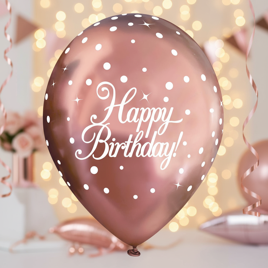 11 inch rose gold sparkling fizz happy birthday latex balloons pack of 6 with enhanced metallic shimmer against luxury party background