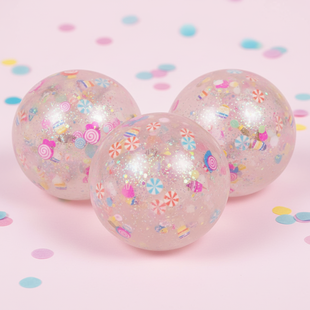 Three Scrunchems Party Diddy squish balls filled with colourful confetti glitter candy shapes on pastel pink background
