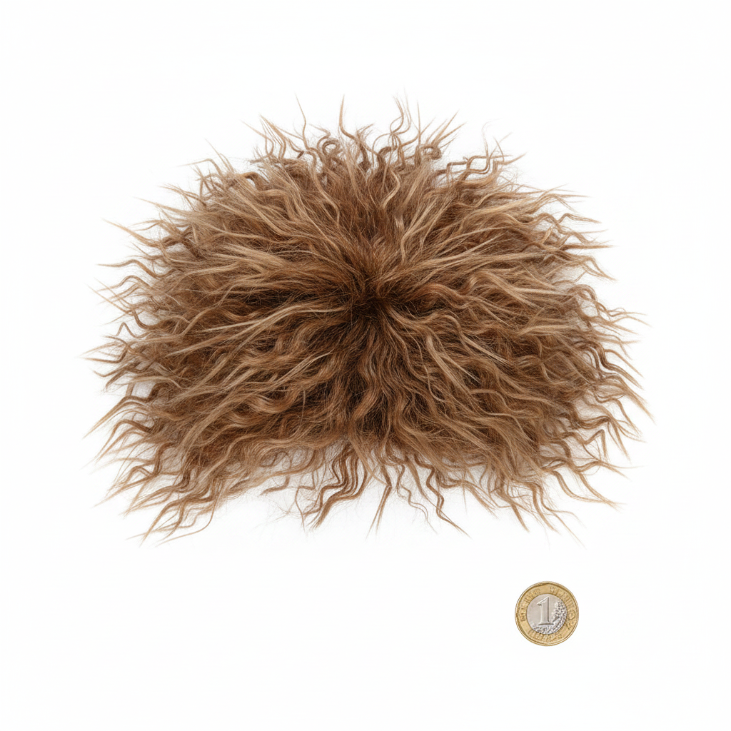80s Tina Brown Wig flat lay beside a £1 coin on white background showing product scale