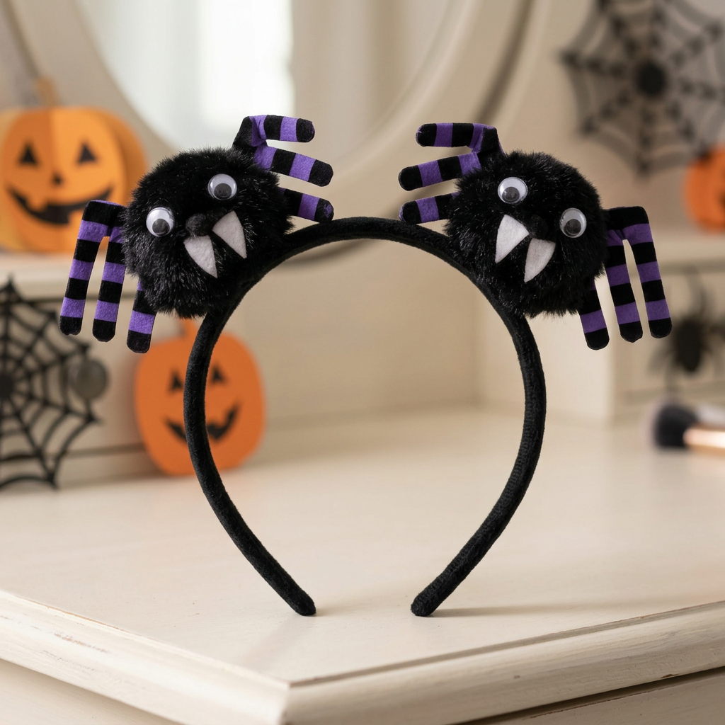 Black and purple spider headband displayed on a dressing table with Halloween decorations behind
