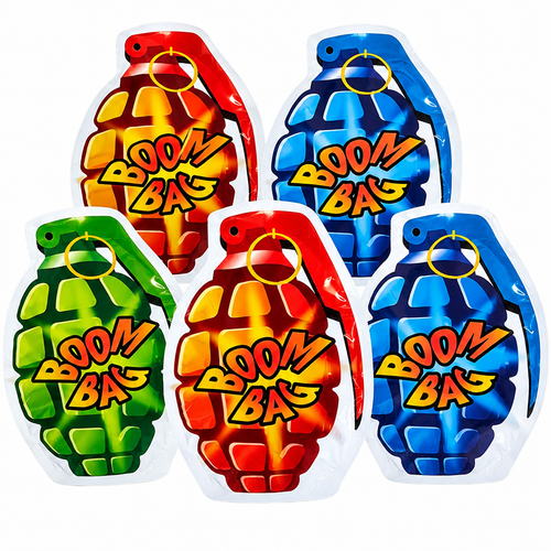 HTI Boom Bomb Bags in red, blue and green with BOOM BAG artwork on a white background