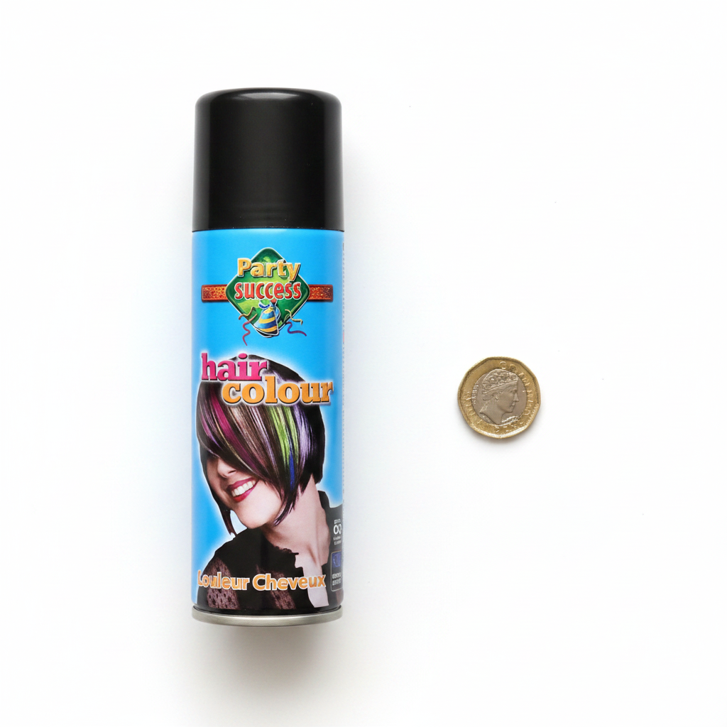 Party Success Black Temporary Hair Colour Spray 125ml flat lay beside a British £1 coin showing product size and scale