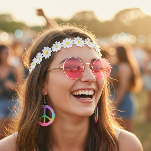 Woman wearing adult hippie fancy dress set with pink sunglasses, daisy flower crown and rainbow peace sign earrings at a festival