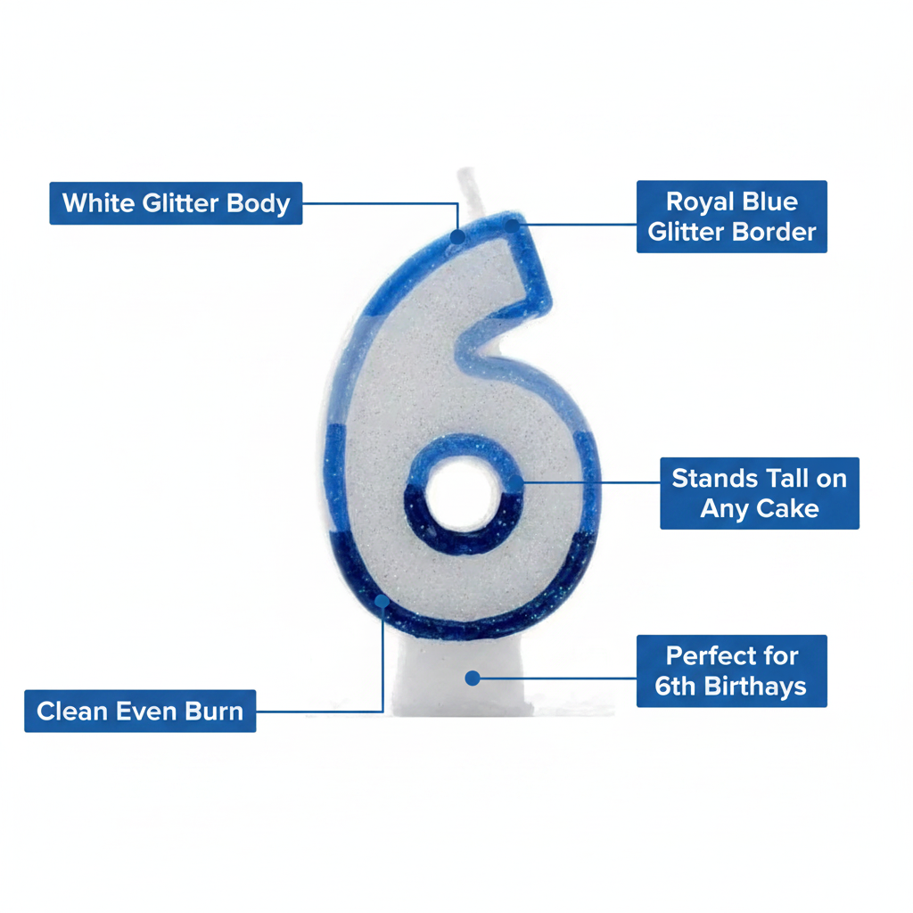 Blue number 6 birthday candle feature infographic showing white glitter body, royal blue glitter border, stands tall on any cake, clean even burn, perfect for 6th birthdays