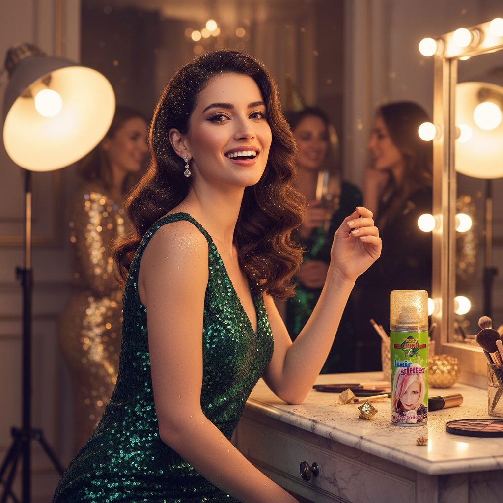 Glamorous woman at celebration with gold glitter in styled hair using Party Success hairspray