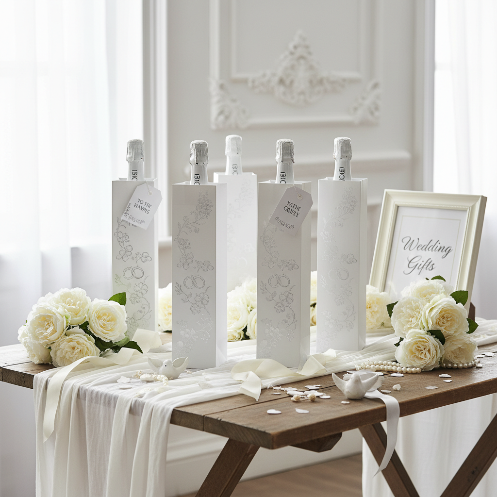 Wedding gift table styled with multiple Wedding Day bottle gift bags, white roses and elegant wedding decor