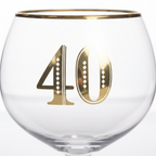 Extreme macro close-up of gold rim band and bold gold 40 numerals on clear Art Deco birthday gin glass, showing craftsmanship detail