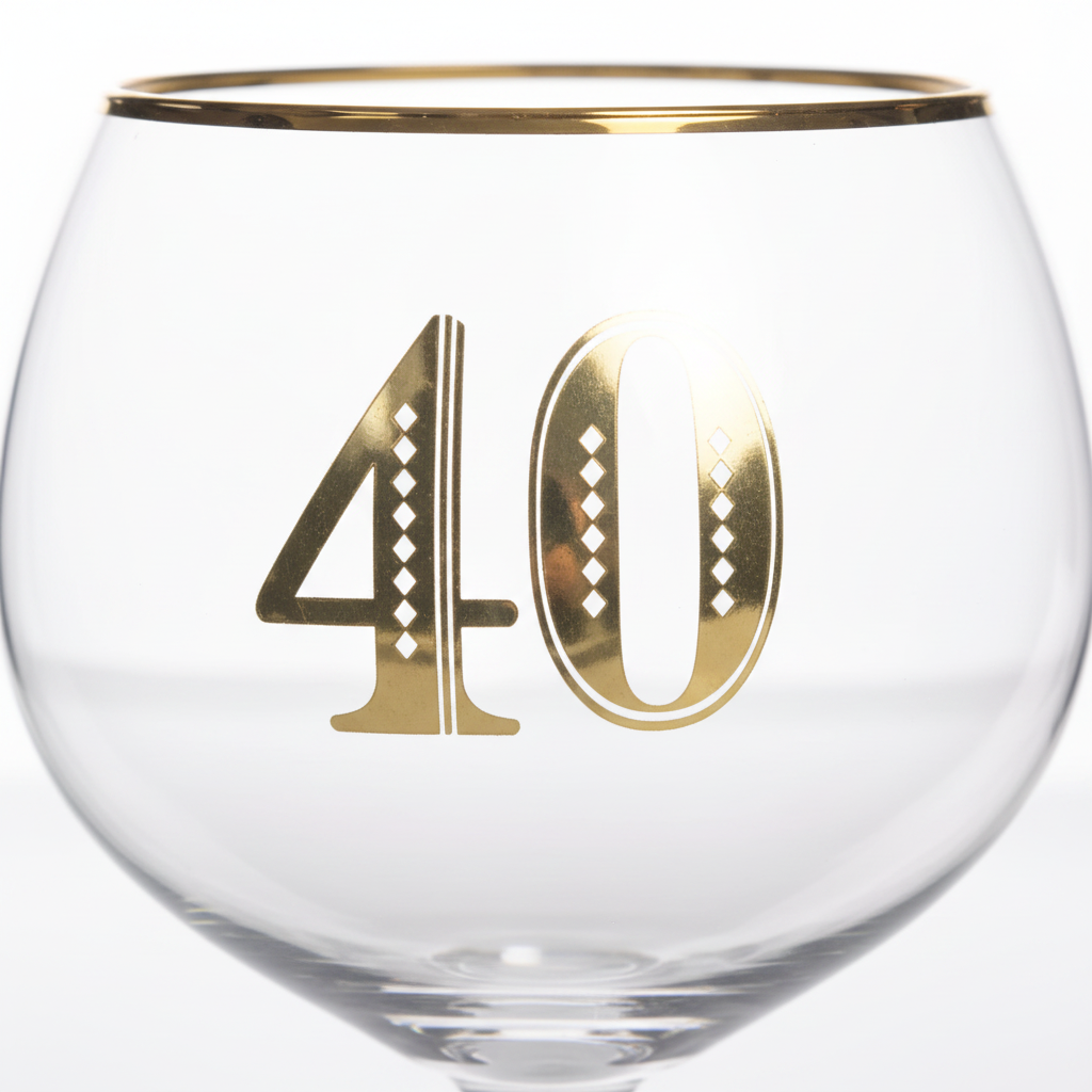 Extreme macro close-up of gold rim band and bold gold 40 numerals on clear Art Deco birthday gin glass, showing craftsmanship detail