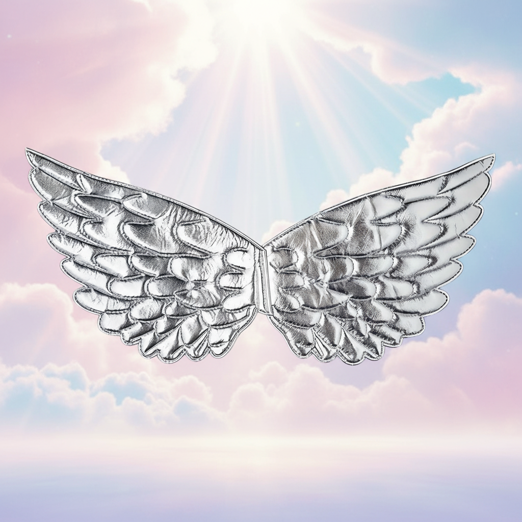 Small elasticated children's silver angel wings with shimmering finish on dreamy cloud background