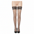 Womens black fishnet thigh high stockings with ornate lace top band on pure white background, Amazon and eBay hero shot