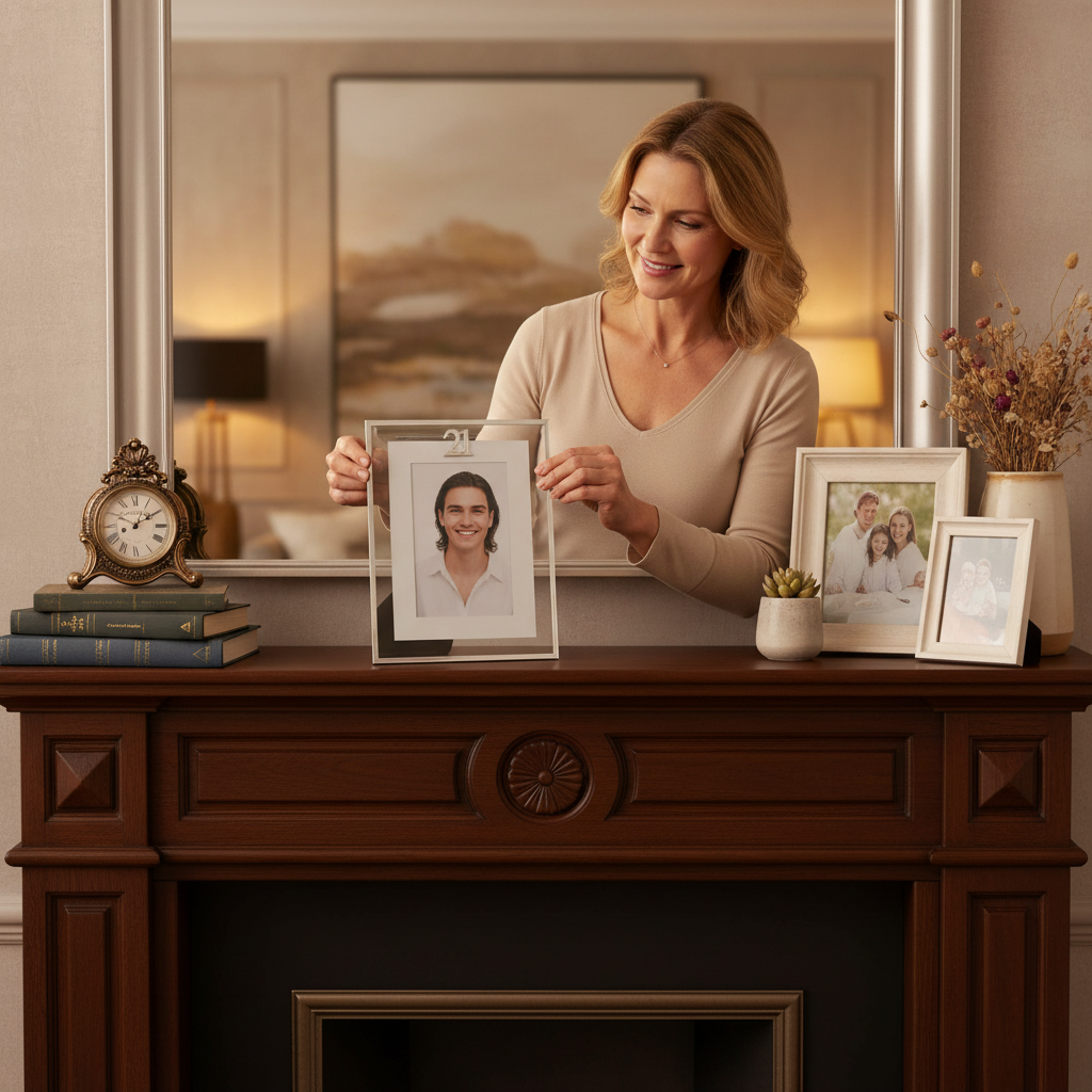 Milestones Silver Age 21 Photo Frame displayed on home mantelpiece as a keepsake