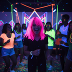 Friends at neon festival with fluorescent pink glowing hair from Party Success temporary hair colour spray