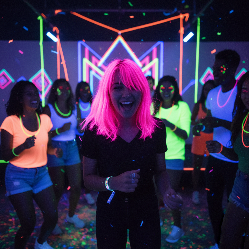 Friends at neon festival with fluorescent pink glowing hair from Party Success temporary hair colour spray