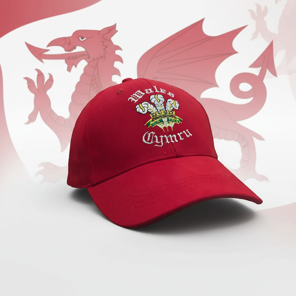 Welsh Three Feathers Baseball Cap in vibrant red with iconic emblem - professional product shot