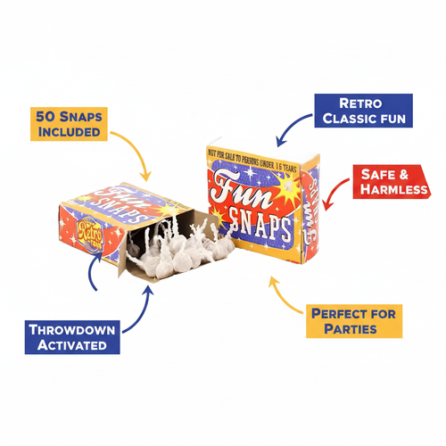 Fun Snaps Throwdowns 50 Pack feature infographic with callout labels highlighting 50 snaps, throwdown activation, safe and harmless, retro classic, and party use
