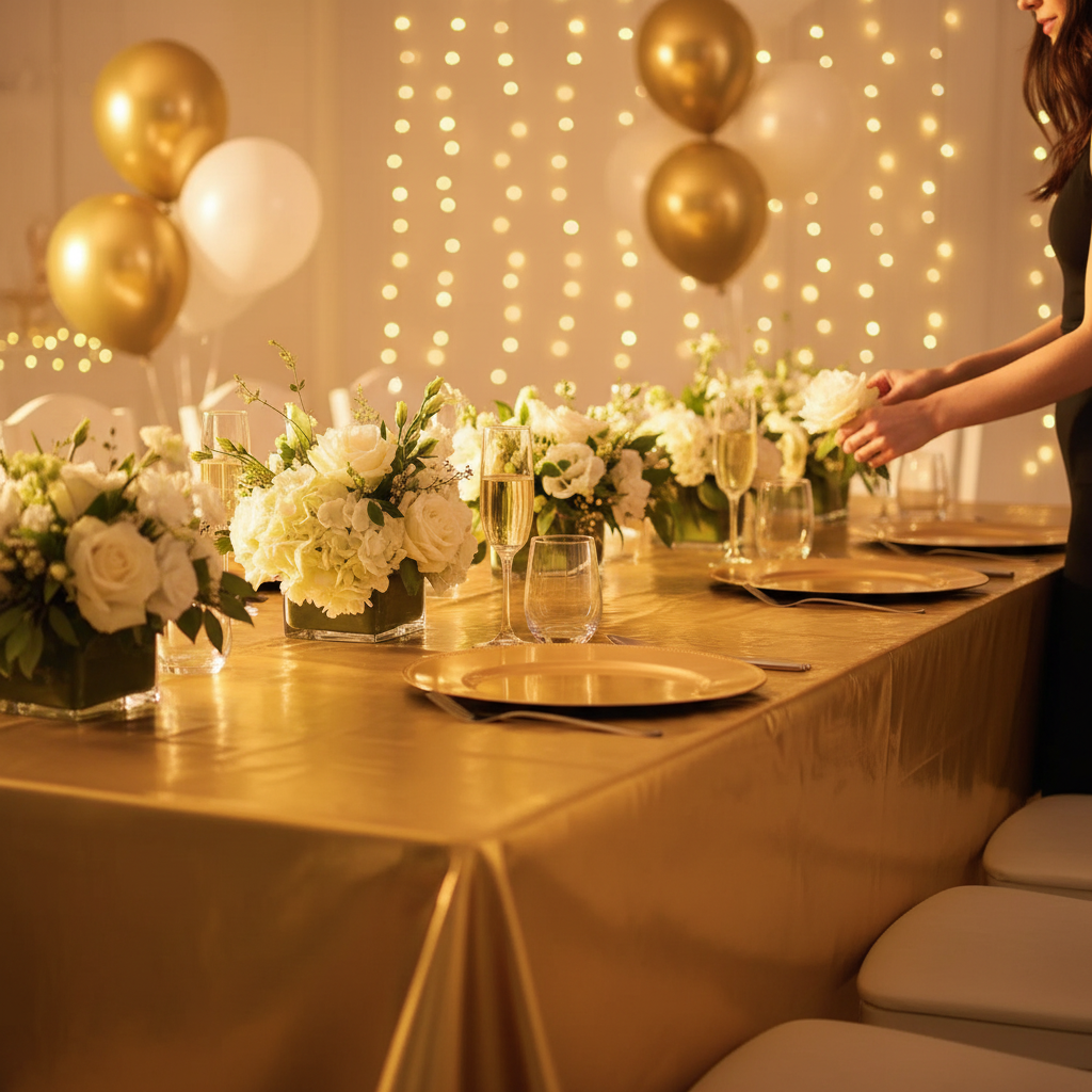 Gold party table cover styled on a glamorous birthday banquet table with champagne and flowers