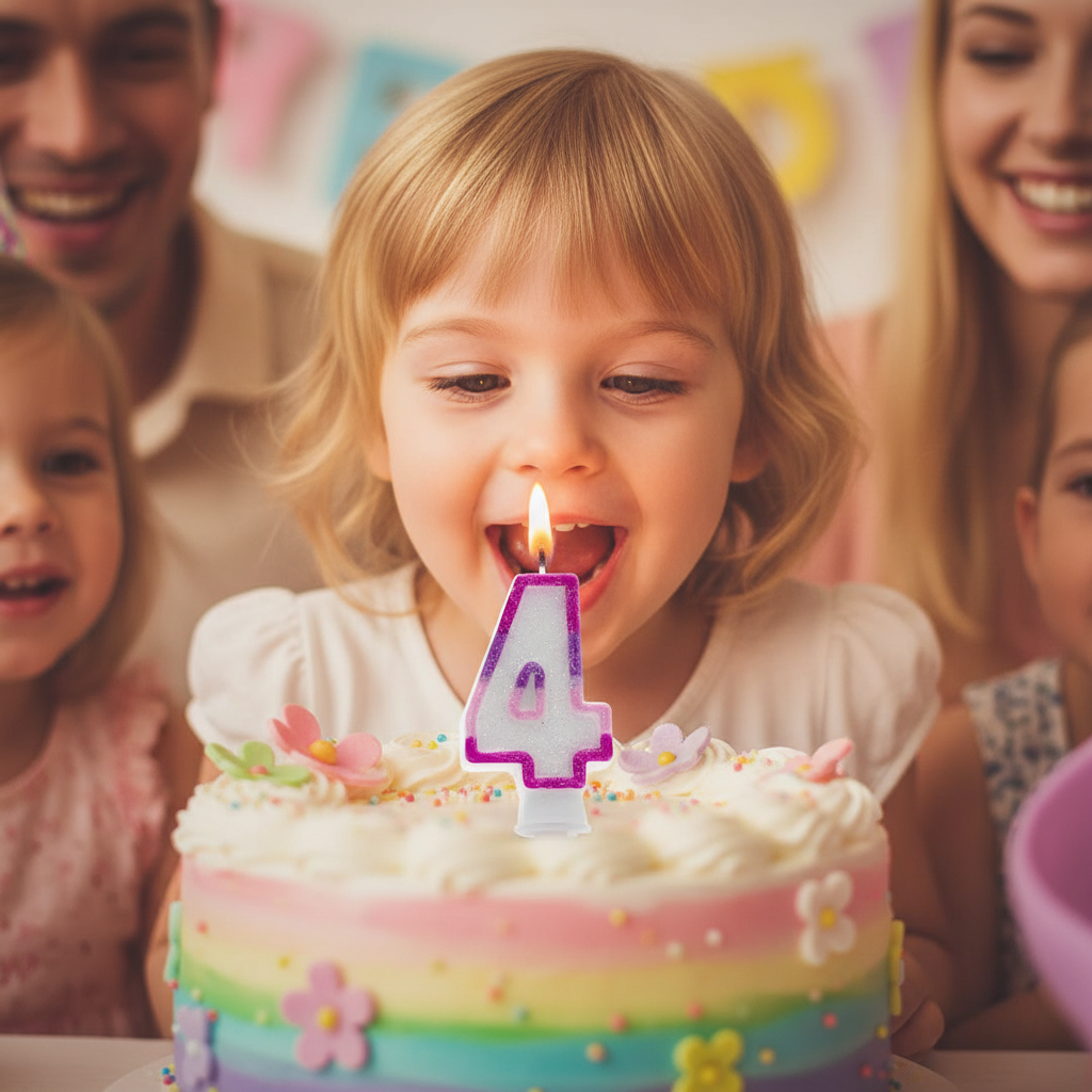 Child's face glowing with joy looking at a lit pink glitter number 4 birthday candle, golden hour cinematic light