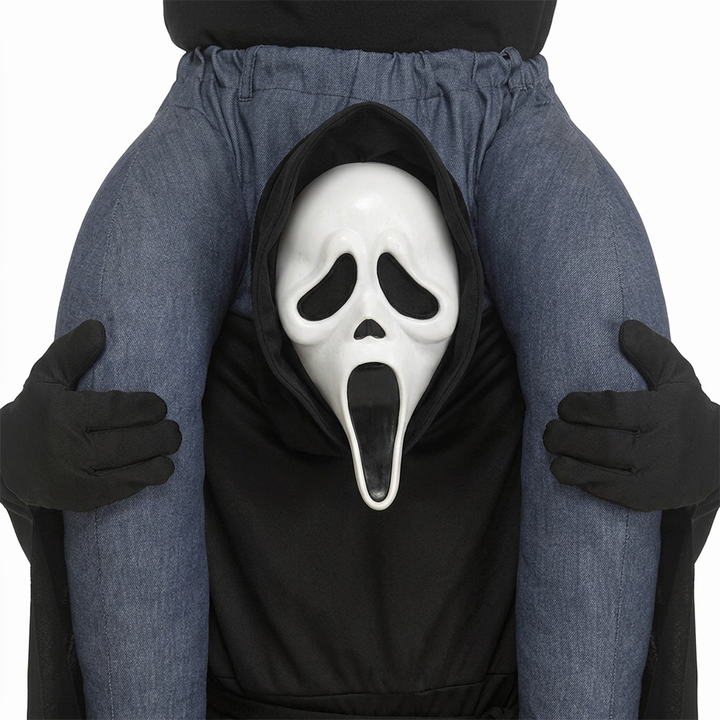 Close-up of Ghost Face costume white mask, black hood and gloves beside false grey legs