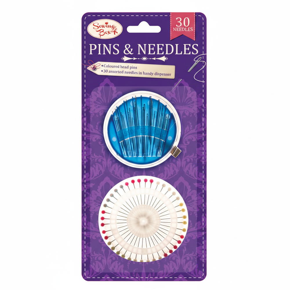 Sewing Box 30-piece assorted coloured pins and needles set on a pure white background, studio hero shot