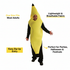 Barmy Banana Adults Fancy Dress Costume feature infographic showing one size fits most, lightweight fabric, easy zip entry and occasion versatility on white background