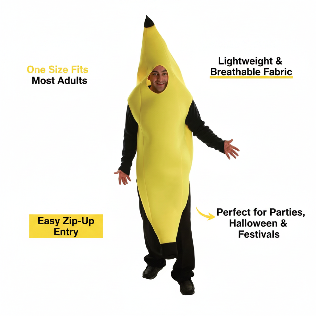 Barmy Banana Adults Fancy Dress Costume feature infographic showing one size fits most, lightweight fabric, easy zip entry and occasion versatility on white background