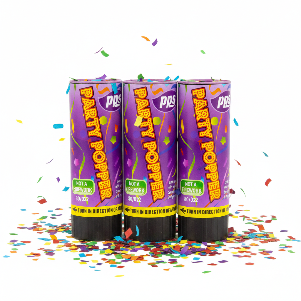 Colour Confetti Cannon Party Poppers 11cm - White Background Studio Shot
