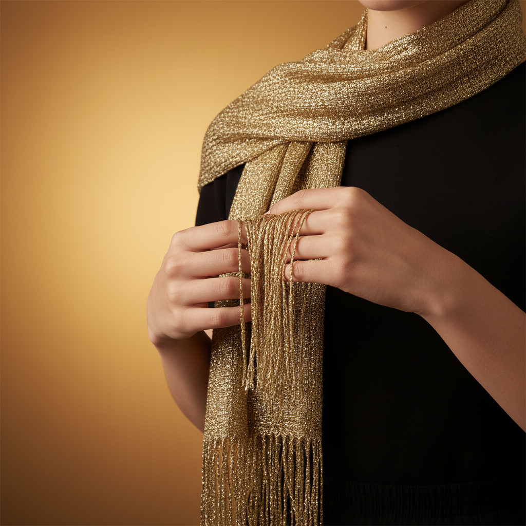 Close-up of hands elegantly draping a metallic gold long scarf with fringe over a shoulder, showcasing shimmer and fringe texture