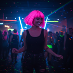 Person with glowing fluorescent pink hair at neon rave party - Party Success UV reactive hair spray results