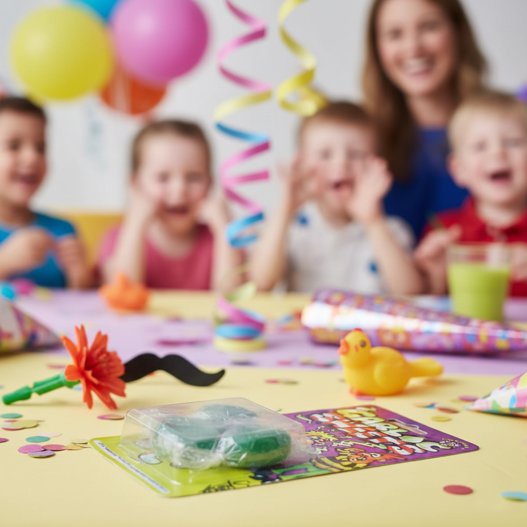 Funnyman Garlic Sweets prank packaging on kids party table as novelty party bag gift with balloons