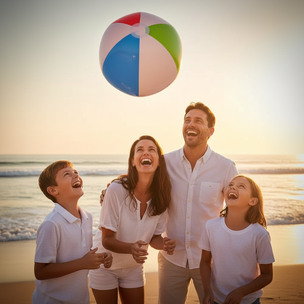 Family laughing and playing with Inflatable Ball 18 Inch on a sunny beach, golden hour