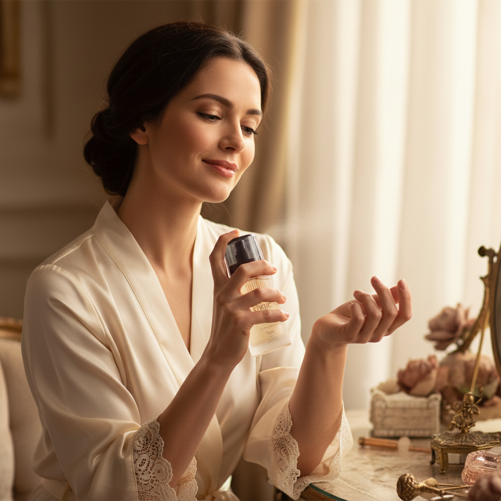 Woman applying Taylor of London Chique concentrated cologne spray to her wrist, candid lifestyle moment with warm bokeh background