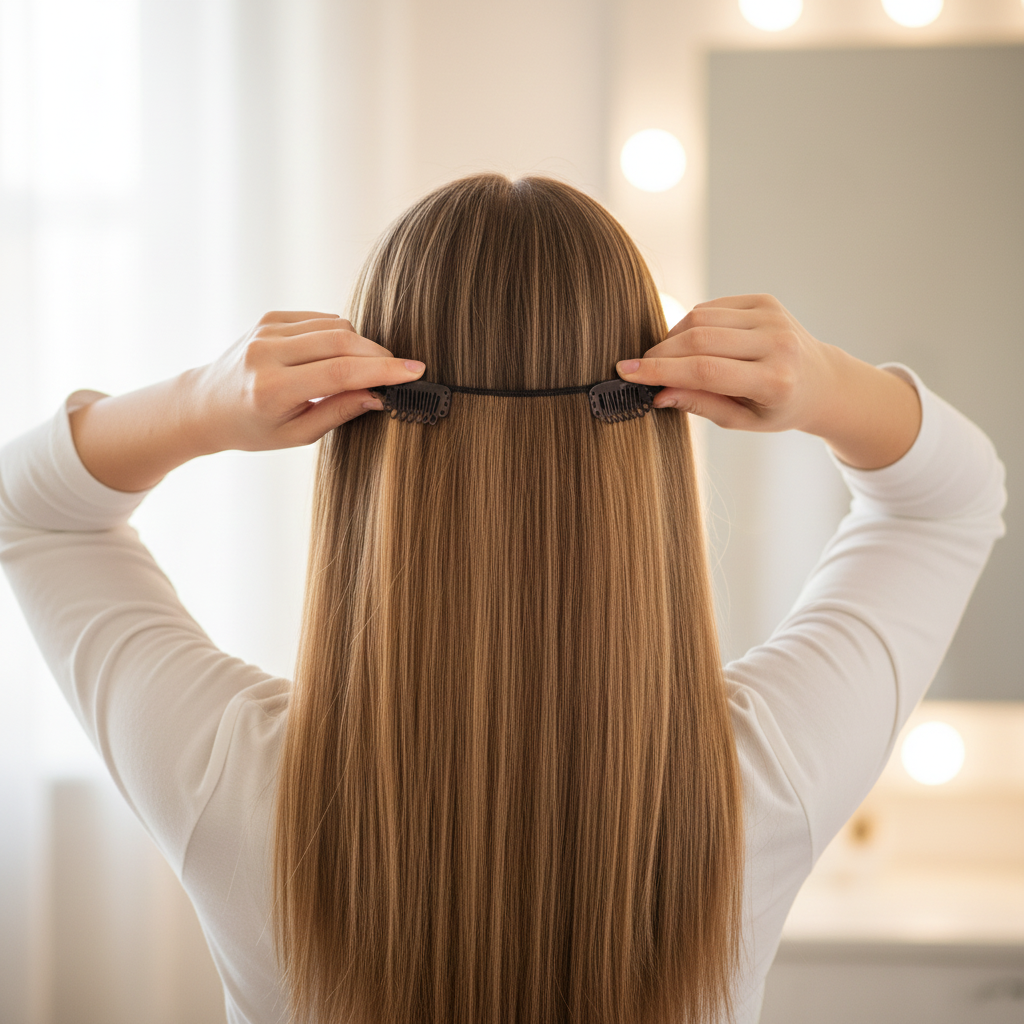 Woman clipping in a one-piece hair extension in Honey Blush colour #6/27 in a candid getting-ready moment
