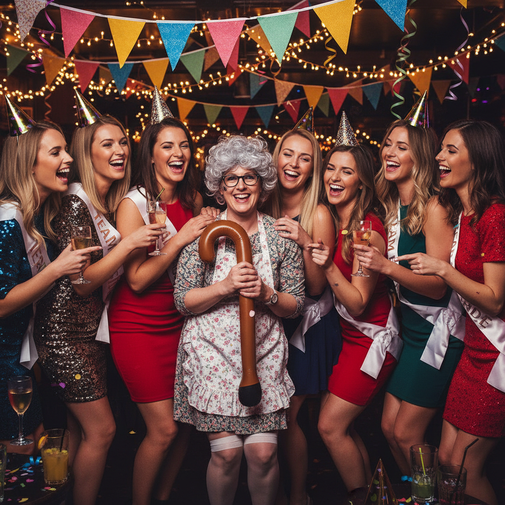 Women on hen party night out with one dressed as granny holding inflatable walking stick laughing together