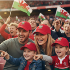 Welsh family wearing matching Three Feathers red baseball caps together at rugby match